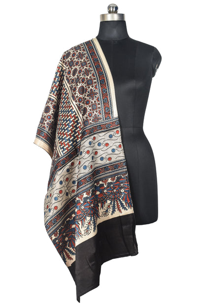 Ajrakh Mashru Silk Natural Dye Three Colour Print | 3 Kam | Screen Print Hand Printed Stole  - 2.1 Mtr Length   -  SKU : JH09A01W