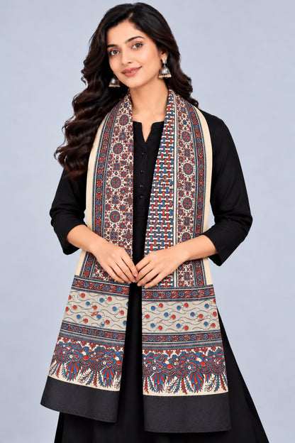 Ajrakh Mashru Silk Natural Dye Three Colour Print | 3 Kam | Screen Print Hand Printed Stole  - 2.1 Mtr Length   -  SKU : JH09A01W