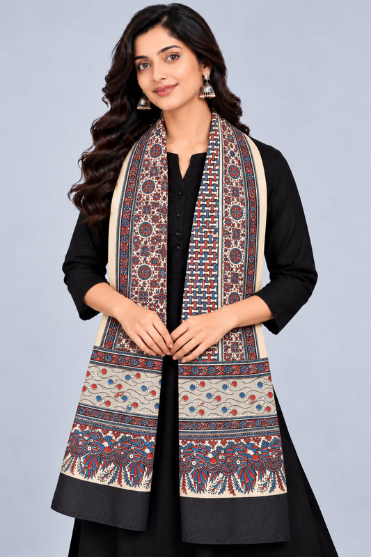 Ajrakh Mashru Silk Natural Dye Three Colour Print | 3 Kam | Screen Print Hand Printed Stole  - 2.1 Mtr Length   -  SKU : JH09A01W