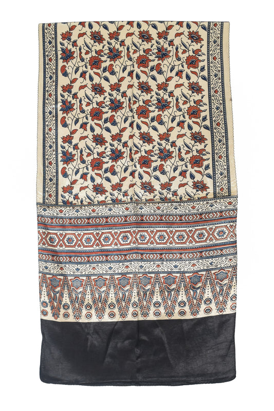 Ajrakh Mashru Silk Natural Dye Three Colour Print | 3 Kam | Screen Print Hand Printed Stole  - 2.1 Mtr Length   -  SKU : JH09A0AB