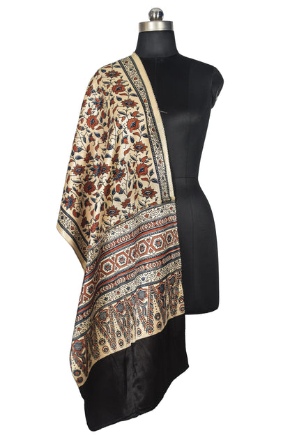 Ajrakh Mashru Silk Natural Dye Three Colour Print | 3 Kam | Screen Print Hand Printed Stole  - 2.1 Mtr Length   -  SKU : JH09A0AB