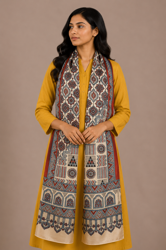 Ajrakh Mashru Silk Natural Dye Screen Print Hand Printed Stole - 2.1 Mtr Length - SKU : JH25601Z