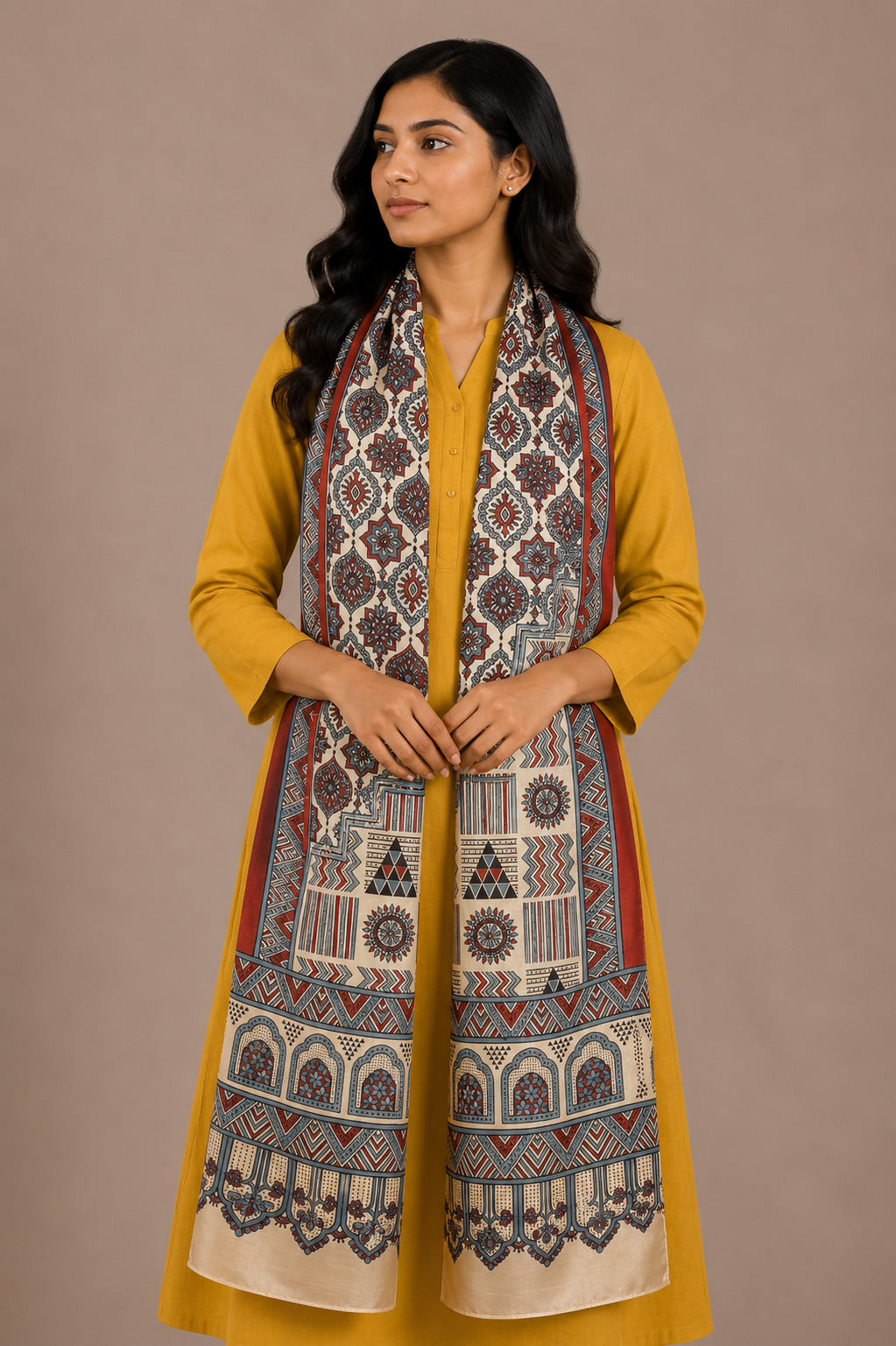 Ajrakh Mashru Silk Natural Dye Screen Print Hand Printed Stole  - 2.1 Mtr Length    -  SKU : JH25601Z