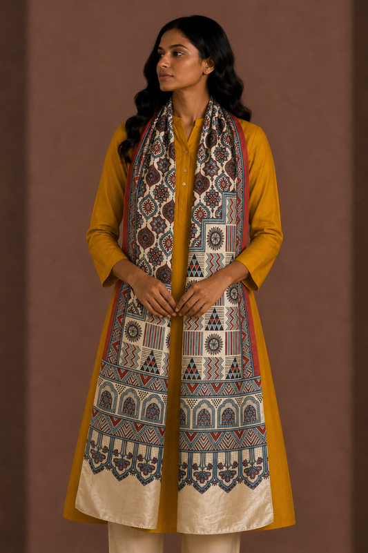 Ajrakh Mashru Silk Natural Dye Screen Print Hand Printed Stole  - 2.1 Mtr Length    -  SKU : JH25601Z