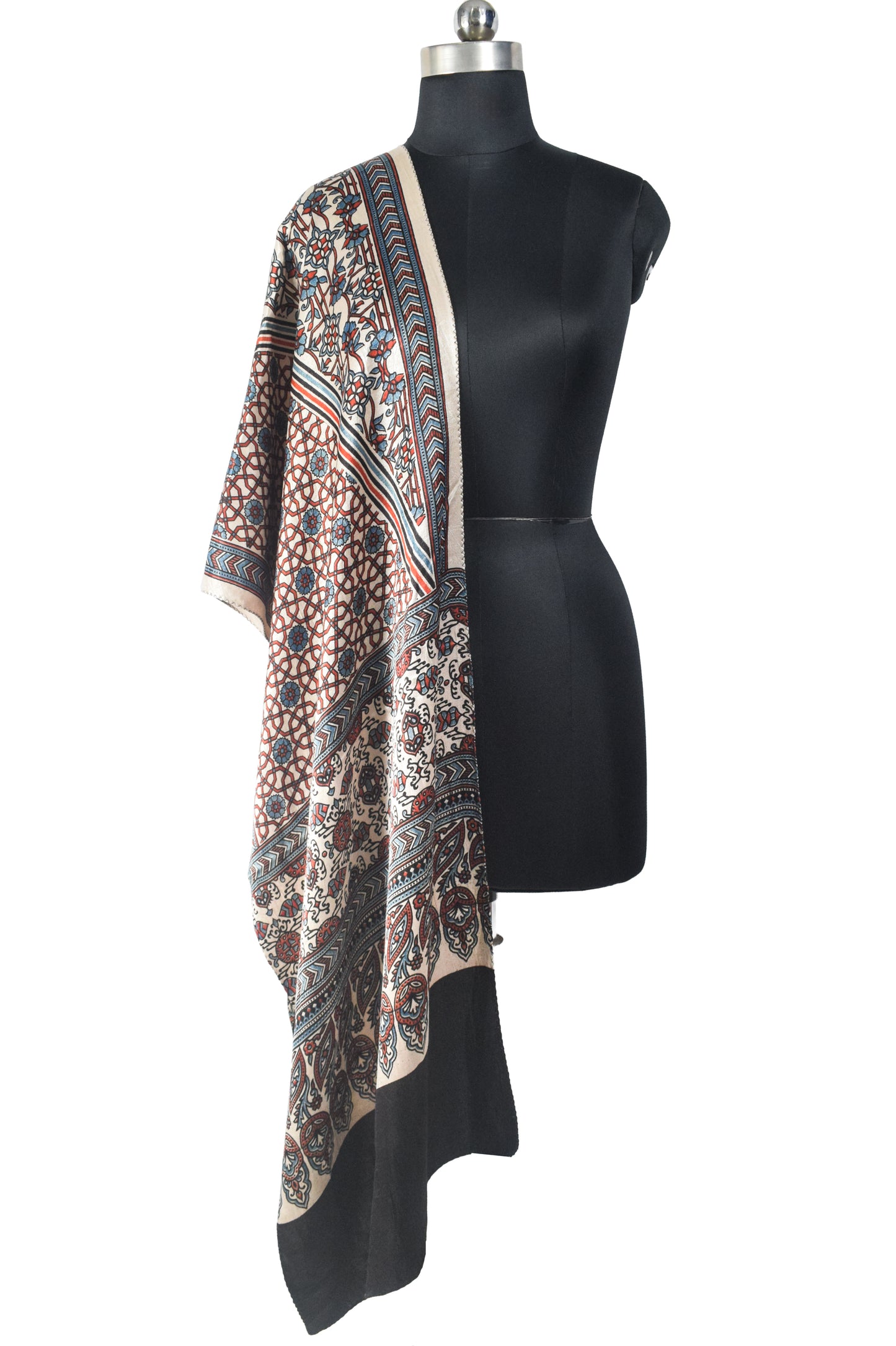 Ajrakh Mashru Silk Natural Dye Screen Print Hand Printed Stole  - 2.1 Mtr Length    -  SKU : JH2560AB