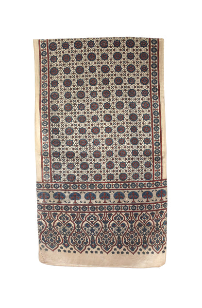 Ajrakh Mashru Silk Natural Dye Three Colour Print | 3 Kam | Screen Hand Printed Stole  - 2.1 Mtr Length   -  SKU : JH29701D