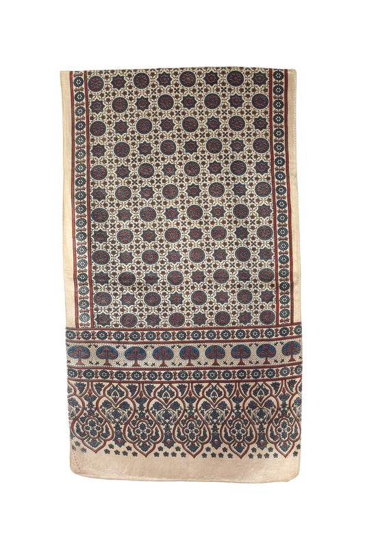 Ajrakh Mashru Silk Natural Dye Three Colour Print | 3 Kam | Screen Hand Printed Stole  - 2.1 Mtr Length   -  SKU : JH29701D