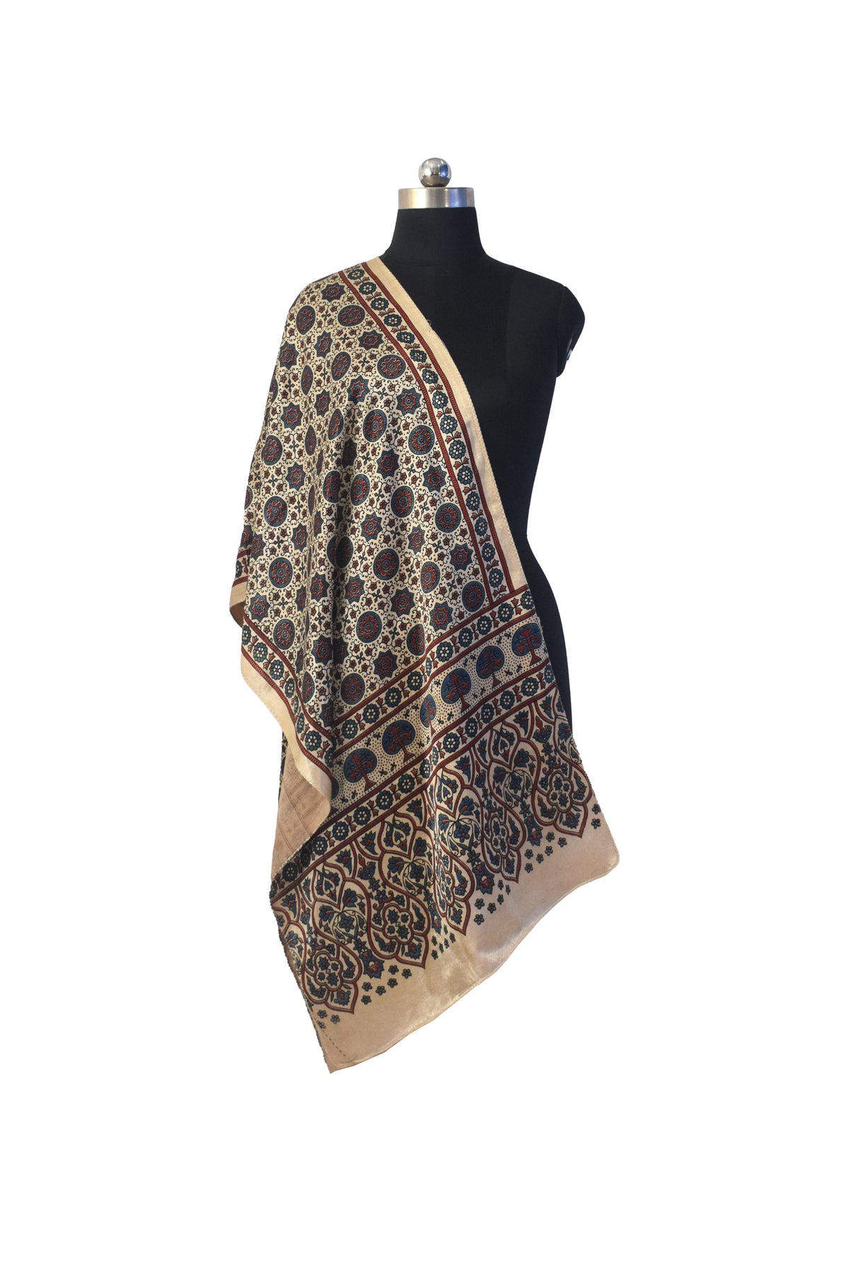 Ajrakh Mashru Silk Natural Dye Three Colour Print | 3 Kam | Screen Hand Printed Stole  - 2.1 Mtr Length   -  SKU : JH29701D