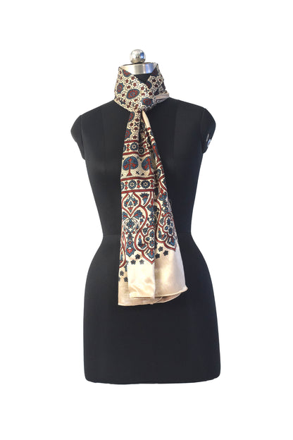 Ajrakh Mashru Silk Natural Dye Three Colour Print | 3 Kam | Screen Hand Printed Stole  - 2.1 Mtr Length   -  SKU : JH29701D