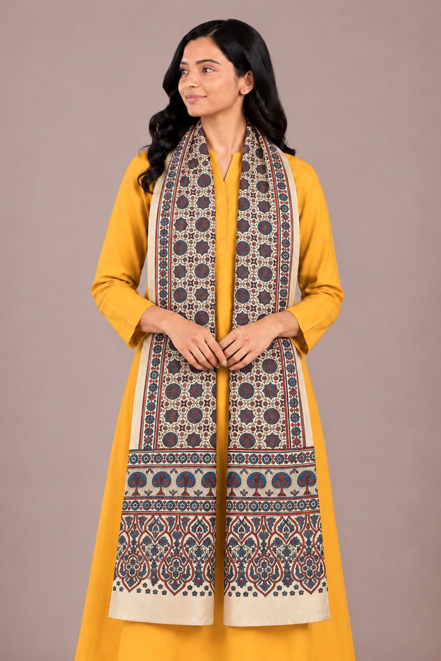Ajrakh Mashru Silk Natural Dye Three Colour Print | 3 Kam | Screen Hand Printed Stole  - 2.1 Mtr Length   -  SKU : JH29701D