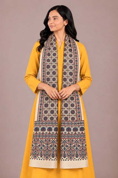 Ajrakh Mashru Silk Natural Dye Three Colour Print | 3 Kam | Screen Hand Printed Stole  - 2.1 Mtr Length   -  SKU : JH29701D