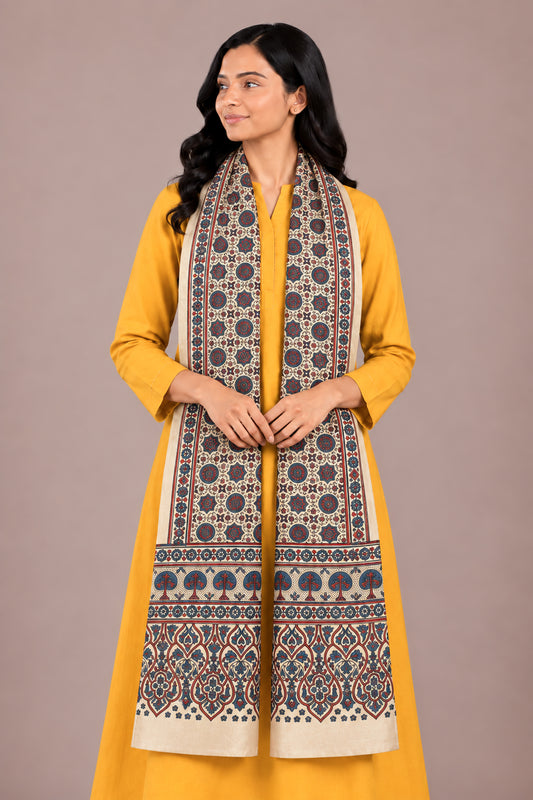 Ajrakh Mashru Silk Natural Dye Three Colour Print | 3 Kam | Screen Hand Printed Stole  - 2.1 Mtr Length   -  SKU : JH29701D