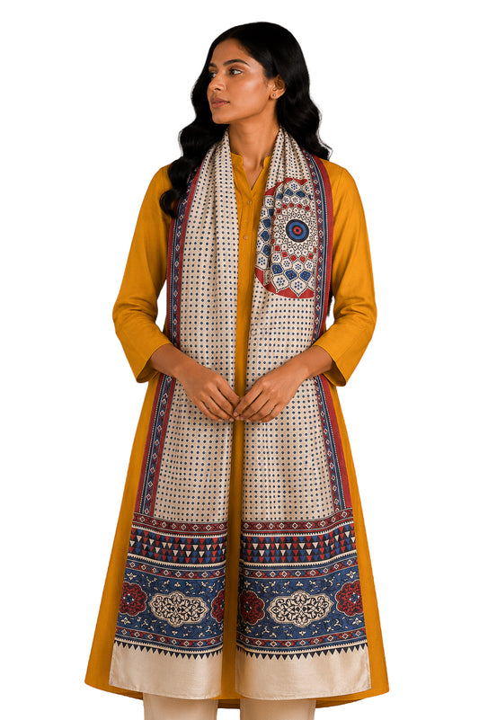 Ajrakh Mashru Silk Natural Dye Three Colour Print | 3 Kam | Screen Hand Printed Stole  - 2.1 Mtr Length   -  SKU : JH29701F