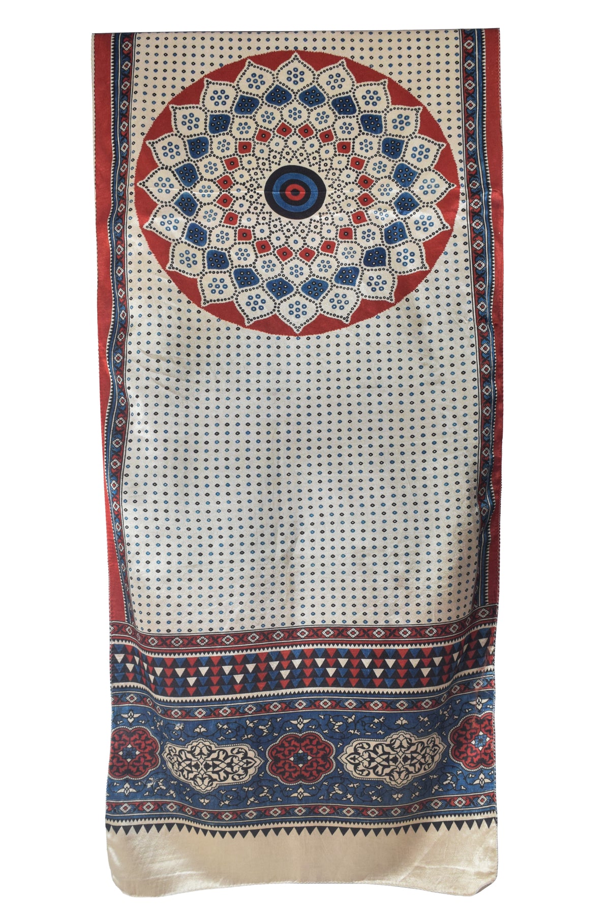 Ajrakh Mashru Silk Natural Dye Three Colour Print | 3 Kam | Screen Hand Printed Stole  - 2.1 Mtr Length   -  SKU : JH29701F
