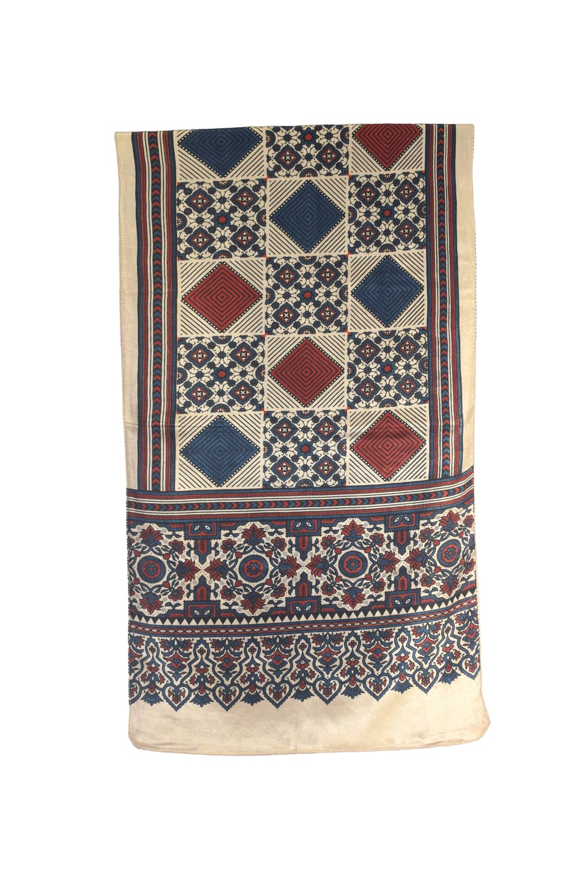 Ajrakh Mashru Silk Natural Dye Three Colour Print | 3 Kam | Screen Hand Printed Stole  - 2.1 Mtr Length   -  SKU : JH29701N