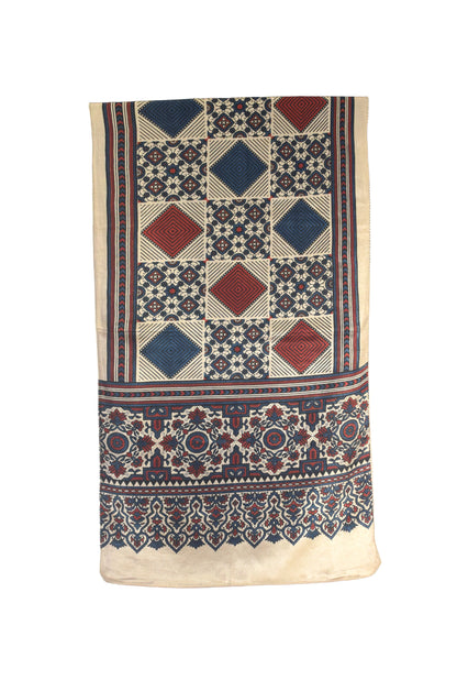 Ajrakh Mashru Silk Natural Dye Three Colour Print | 3 Kam | Screen Hand Printed Stole  - 2.1 Mtr Length   -  SKU : JH29701N