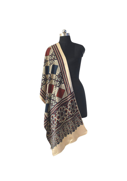 Ajrakh Mashru Silk Natural Dye Three Colour Print | 3 Kam | Screen Hand Printed Stole  - 2.1 Mtr Length   -  SKU : JH29701N