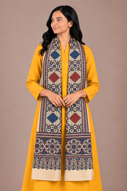 Ajrakh Mashru Silk Natural Dye Three Colour Print | 3 Kam | Screen Hand Printed Stole  - 2.1 Mtr Length   -  SKU : JH29701N