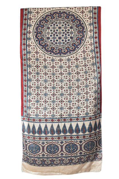 Ajrakh Mashru Silk Natural Dye Three Colour Print | 3 Kam | Screen Hand Printed Stole  - 2.1 Mtr Length   -  SKU : JH29701S