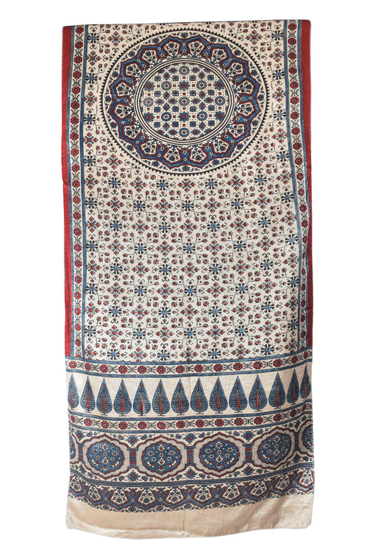 Ajrakh Mashru Silk Natural Dye Three Colour Print | 3 Kam | Screen Hand Printed Stole  - 2.1 Mtr Length   -  SKU : JH29701S