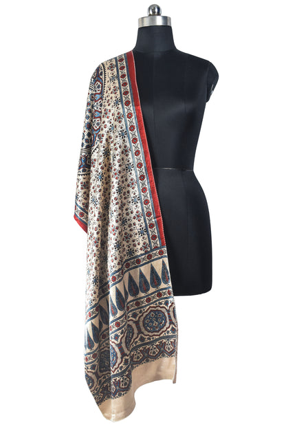 Ajrakh Mashru Silk Natural Dye Three Colour Print | 3 Kam | Screen Hand Printed Stole  - 2.1 Mtr Length   -  SKU : JH29701S