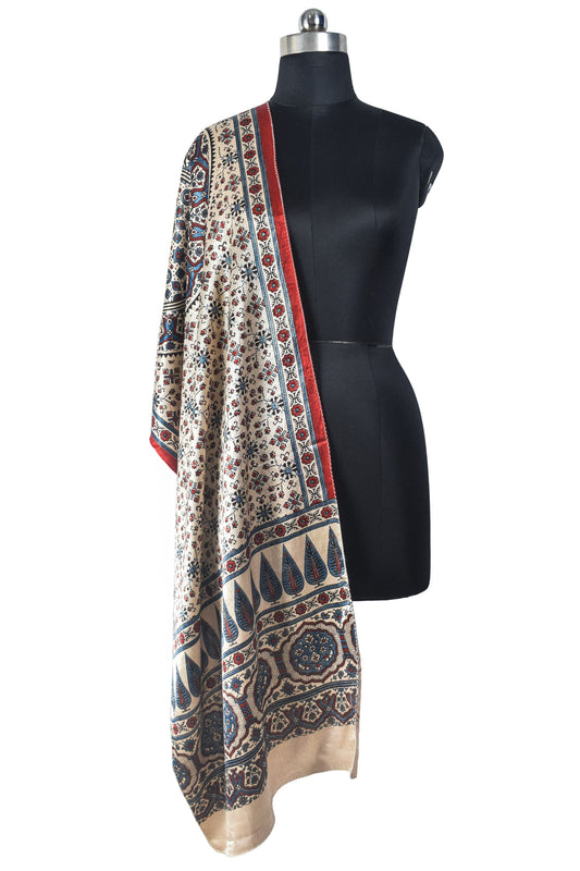 Ajrakh Mashru Silk Natural Dye Three Colour Print | 3 Kam | Screen Hand Printed Stole  - 2.1 Mtr Length   -  SKU : JH29701S