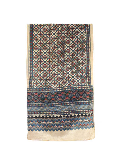 Ajrakh Mashru Silk Natural Dye Three Colour Print | 3 Kam | Screen Hand Printed Stole  - 2.1 Mtr Length   -  SKU : JH29701V