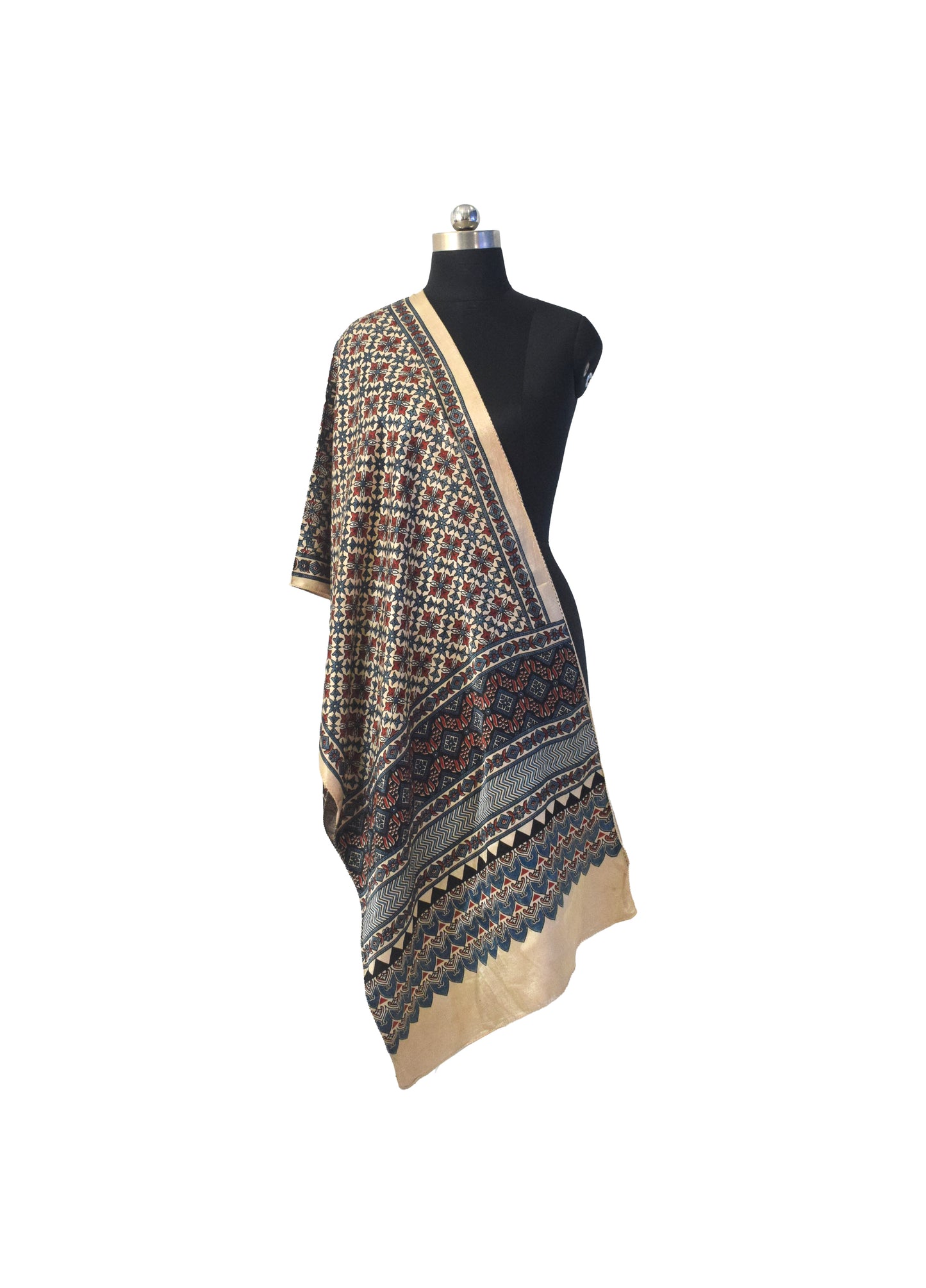 Ajrakh Mashru Silk Natural Dye Three Colour Print | 3 Kam | Screen Hand Printed Stole  - 2.1 Mtr Length   -  SKU : JH29701V