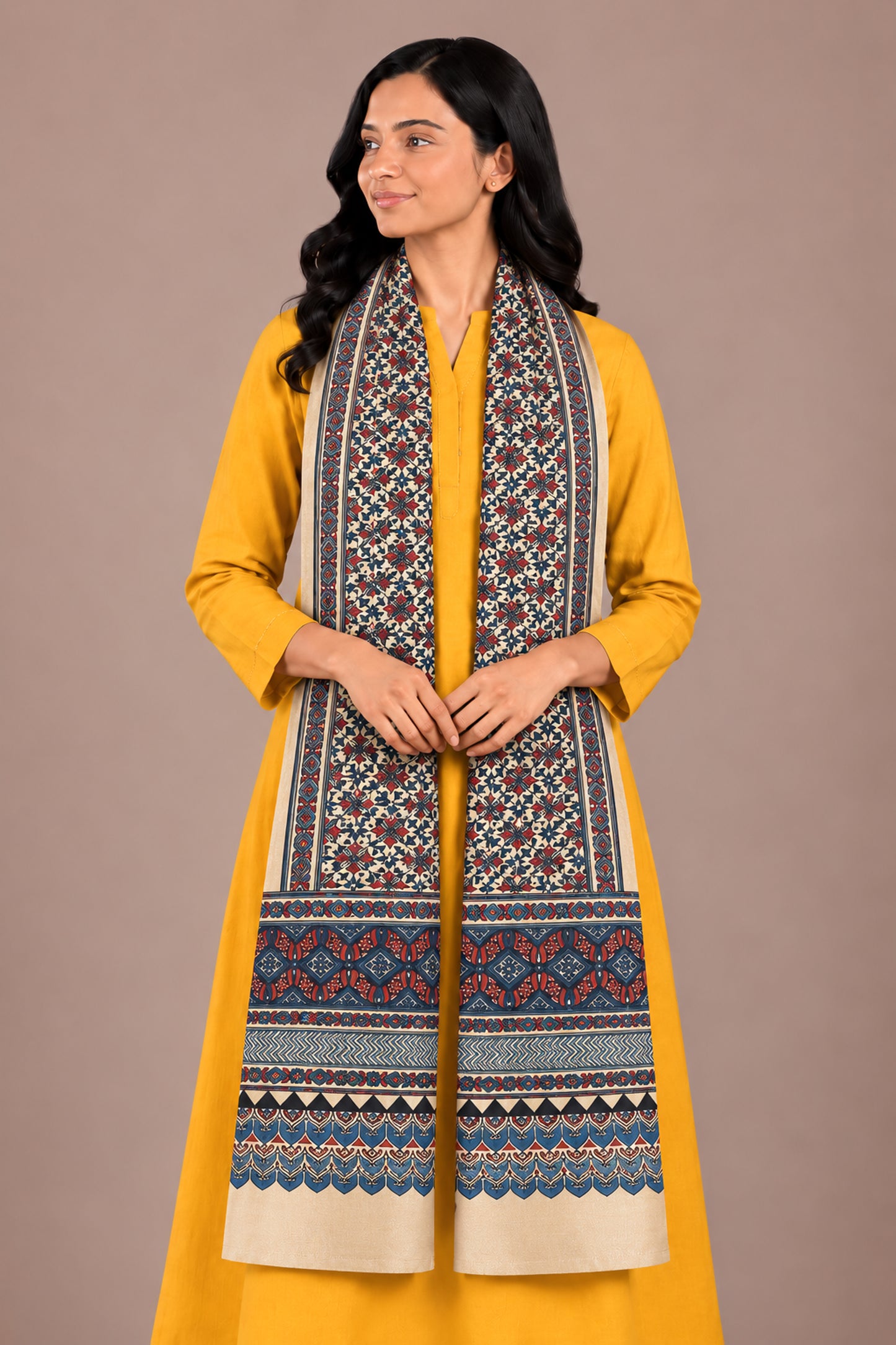 Ajrakh Mashru Silk Natural Dye Three Colour Print | 3 Kam | Screen Hand Printed Stole  - 2.1 Mtr Length   -  SKU : JH29701V