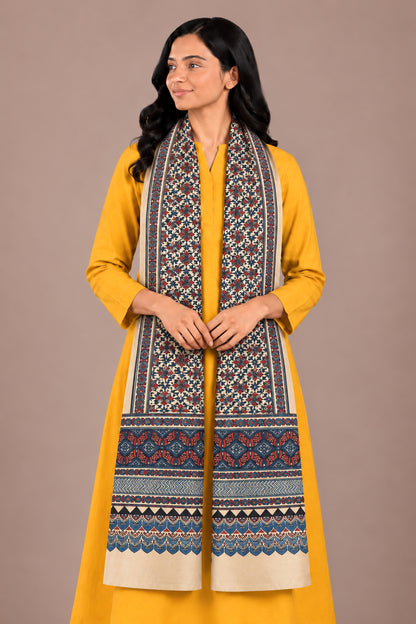Ajrakh Mashru Silk Natural Dye Three Colour Print | 3 Kam | Screen Hand Printed Stole  - 2.1 Mtr Length   -  SKU : JH29701V