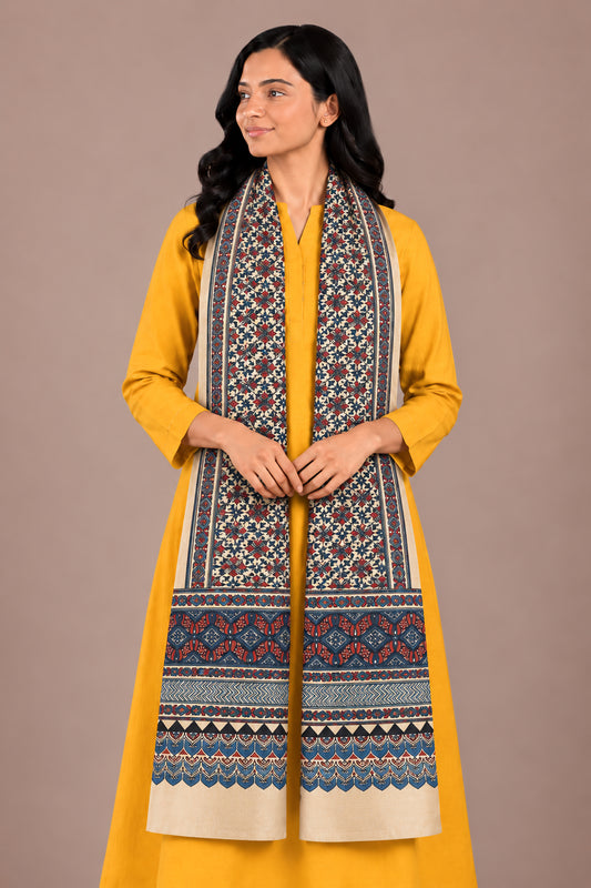 Ajrakh Mashru Silk Natural Dye Three Colour Print | 3 Kam | Screen Hand Printed Stole  - 2.1 Mtr Length   -  SKU : JH29701V