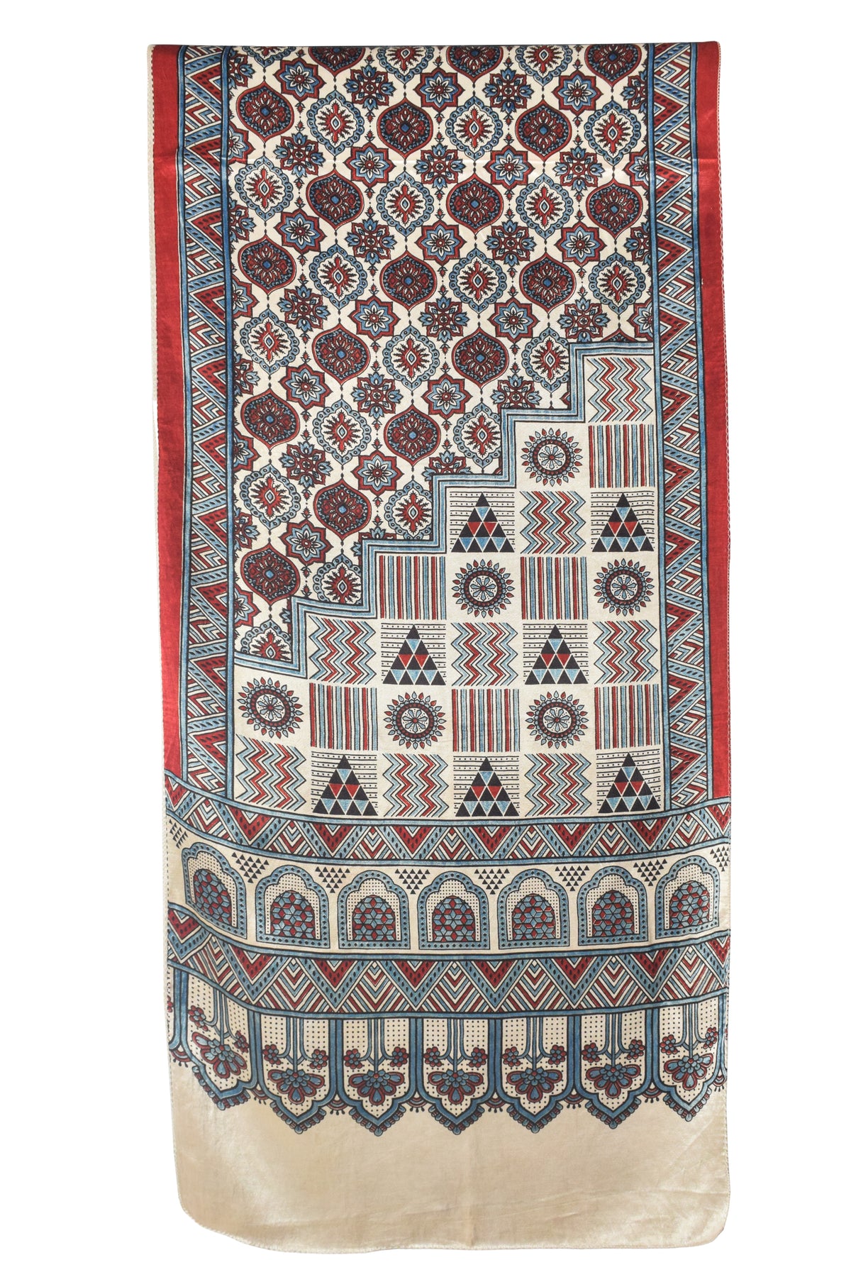 Ajrakh Mashru Silk Natural Dye Three Colour Print | 3 Kam | Screen Hand Printed Stole  - 2.1 Mtr Length   -  SKU : JH29701Y