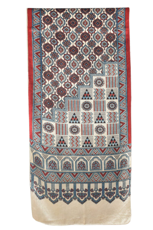 Ajrakh Mashru Silk Natural Dye Three Colour Print | 3 Kam | Screen Hand Printed Stole  - 2.1 Mtr Length   -  SKU : JH29701Y