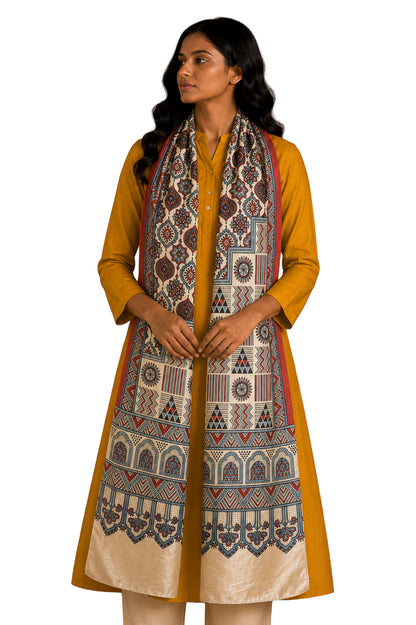 Ajrakh Mashru Silk Natural Dye Three Colour Print | 3 Kam | Screen Hand Printed Stole  - 2.1 Mtr Length   -  SKU : JH29701Y