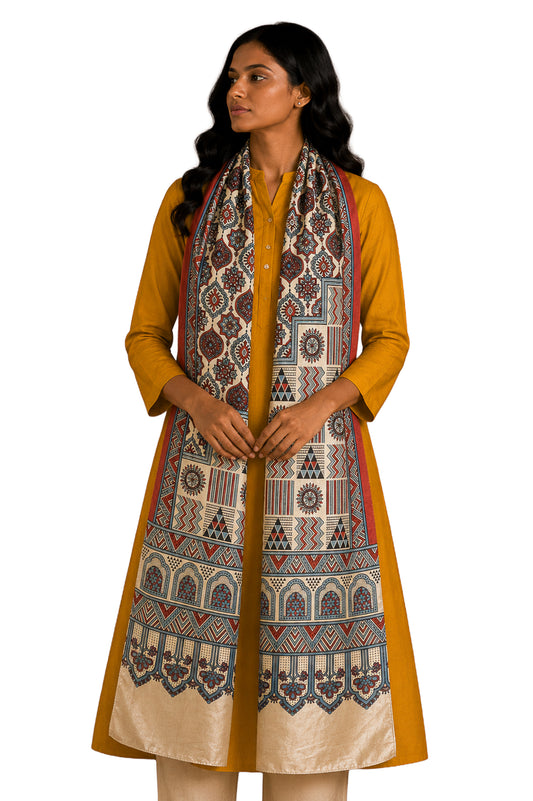 Ajrakh Mashru Silk Natural Dye Three Colour Print | 3 Kam | Screen Hand Printed Stole  - 2.1 Mtr Length   -  SKU : JH29701Y