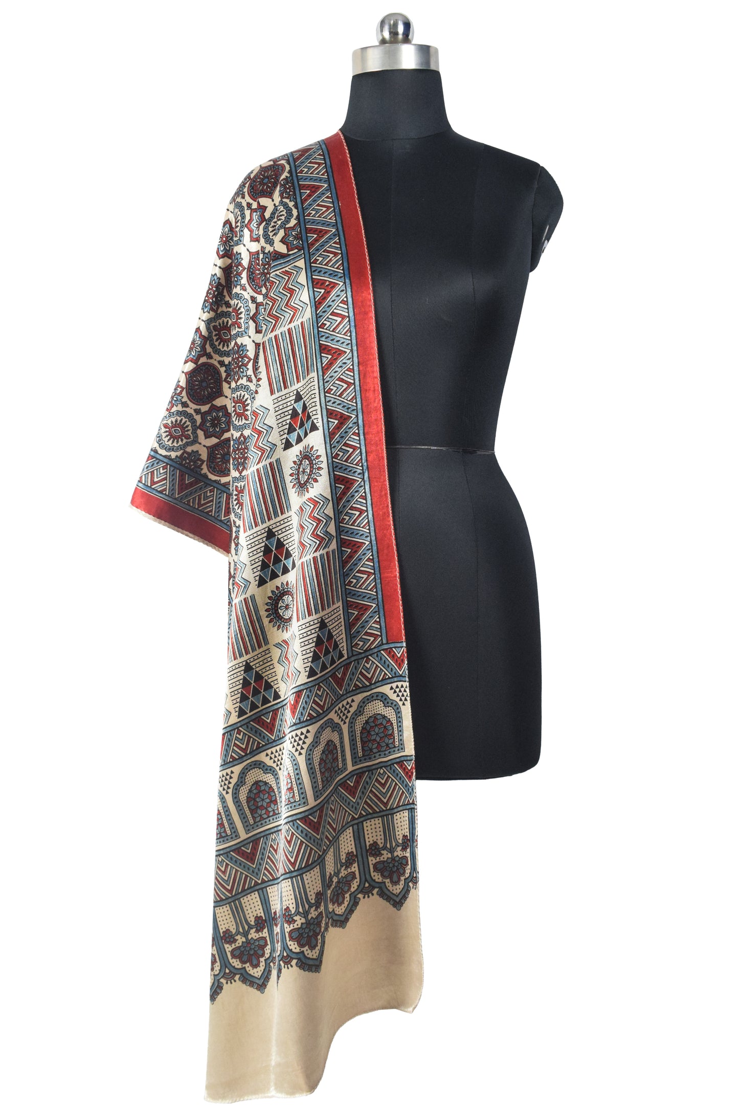 Ajrakh Mashru Silk Natural Dye Three Colour Print | 3 Kam | Screen Hand Printed Stole  - 2.1 Mtr Length   -  SKU : JH29701Y