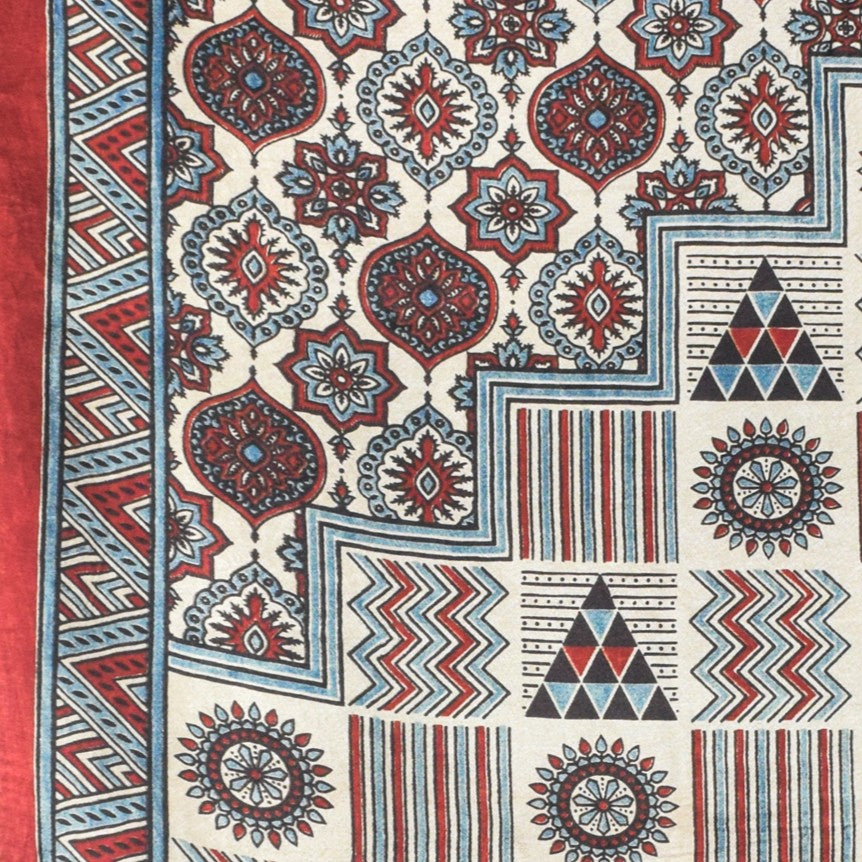 Ajrakh Mashru Silk Natural Dye Three Colour Print | 3 Kam | Screen Hand Printed Stole  - 2.1 Mtr Length   -  SKU : JH29701Y