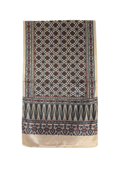Ajrakh Mashru Silk Natural Dye Three Colour Print | 3 Kam | Screen Hand Printed Stole  - 2.1 Mtr Length   -  SKU : JH2970AD