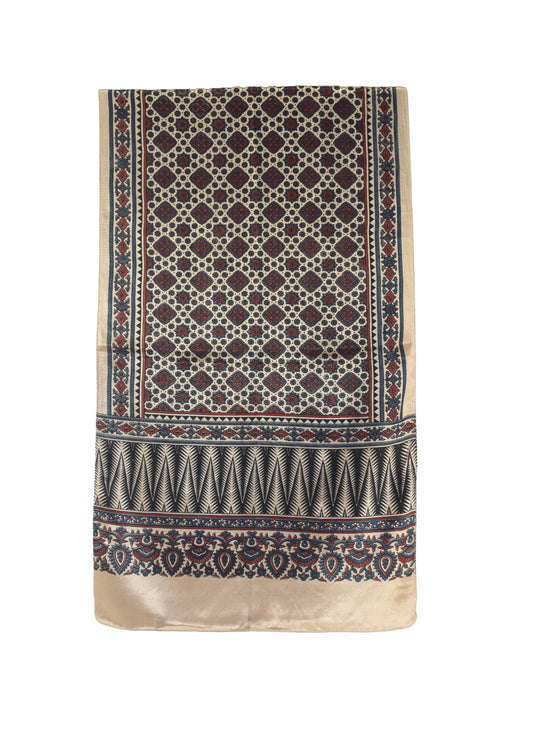 Ajrakh Mashru Silk Natural Dye Three Colour Print | 3 Kam | Screen Hand Printed Stole  - 2.1 Mtr Length   -  SKU : JH2970AD