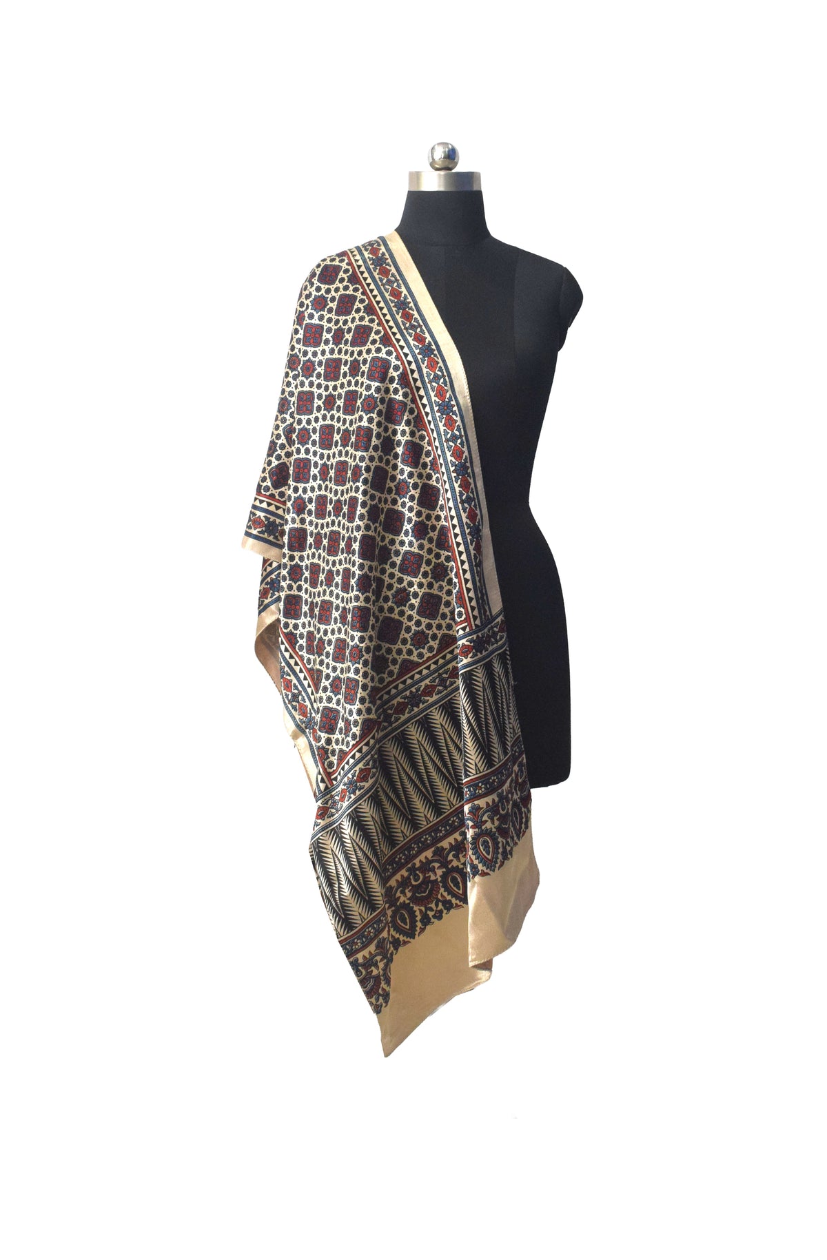 Ajrakh Mashru Silk Natural Dye Three Colour Print | 3 Kam | Screen Hand Printed Stole  - 2.1 Mtr Length   -  SKU : JH2970AD