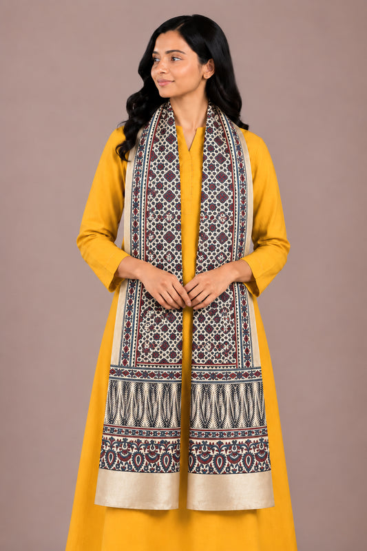 Ajrakh Mashru Silk Natural Dye Three Colour Print | 3 Kam | Screen Hand Printed Stole  - 2.1 Mtr Length   -  SKU : JH2970AD