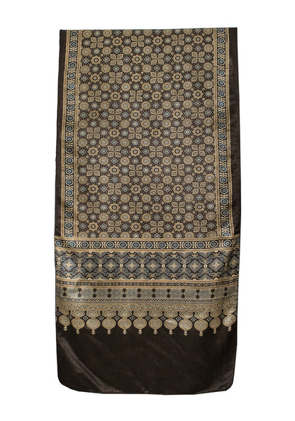 Ajrakh Mashru Silk Natural Dye Screen Print Hand Printed Stole With Tassels     -  SKU : ID22701E