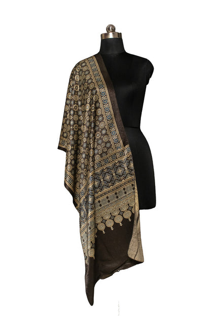 Ajrakh Mashru Silk Natural Dye Screen Print Hand Printed Stole With Tassels     -  SKU : ID22701E