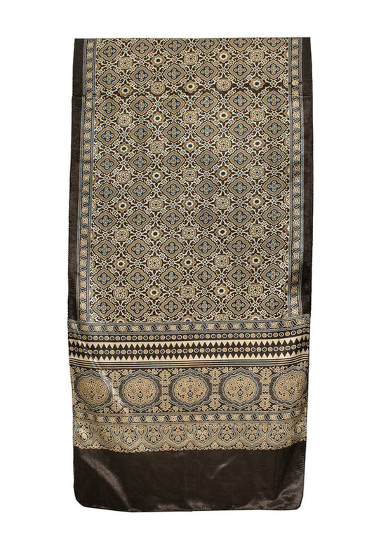 Ajrakh Mashru Silk Natural Dye Screen Print Hand Printed Stole With Tassels     -  SKU : ID22701M