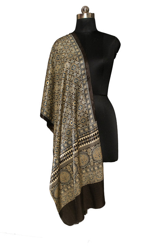 Ajrakh Mashru Silk Natural Dye Screen Print Hand Printed Stole With Tassels     -  SKU : ID22701M