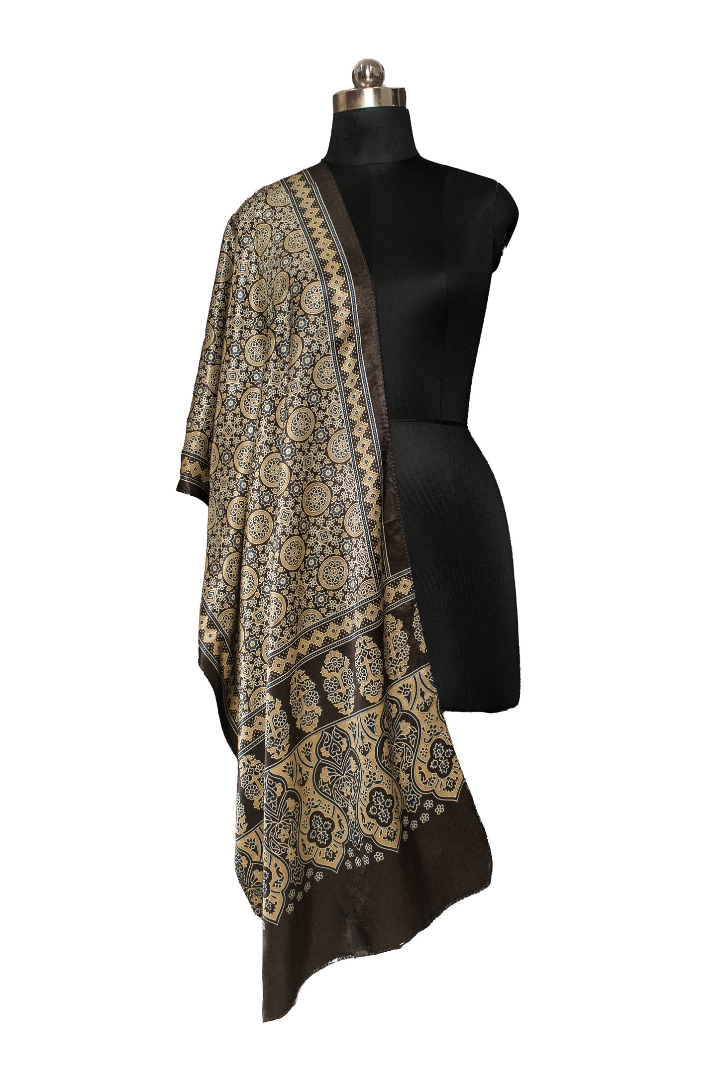 Ajrakh Mashru Silk Natural Dye Screen Print Hand Printed Stole  - 2.1 Mtr Length    -  SKU : ID22701B