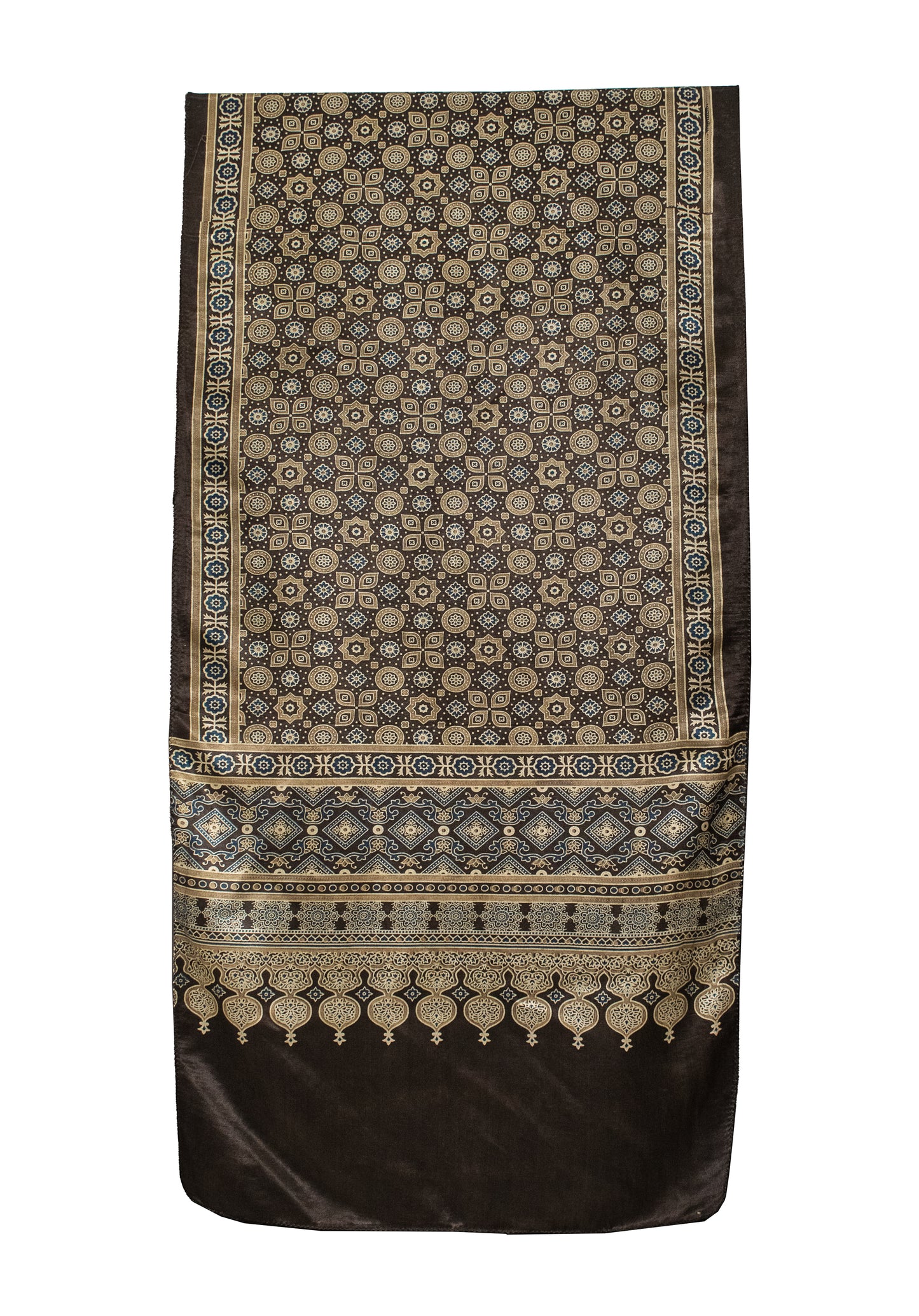 Ajrakh Mashru Silk Natural Dye Screen Print Hand Printed Stole  - 2.1 Mtr Length    -  SKU : ID22701E