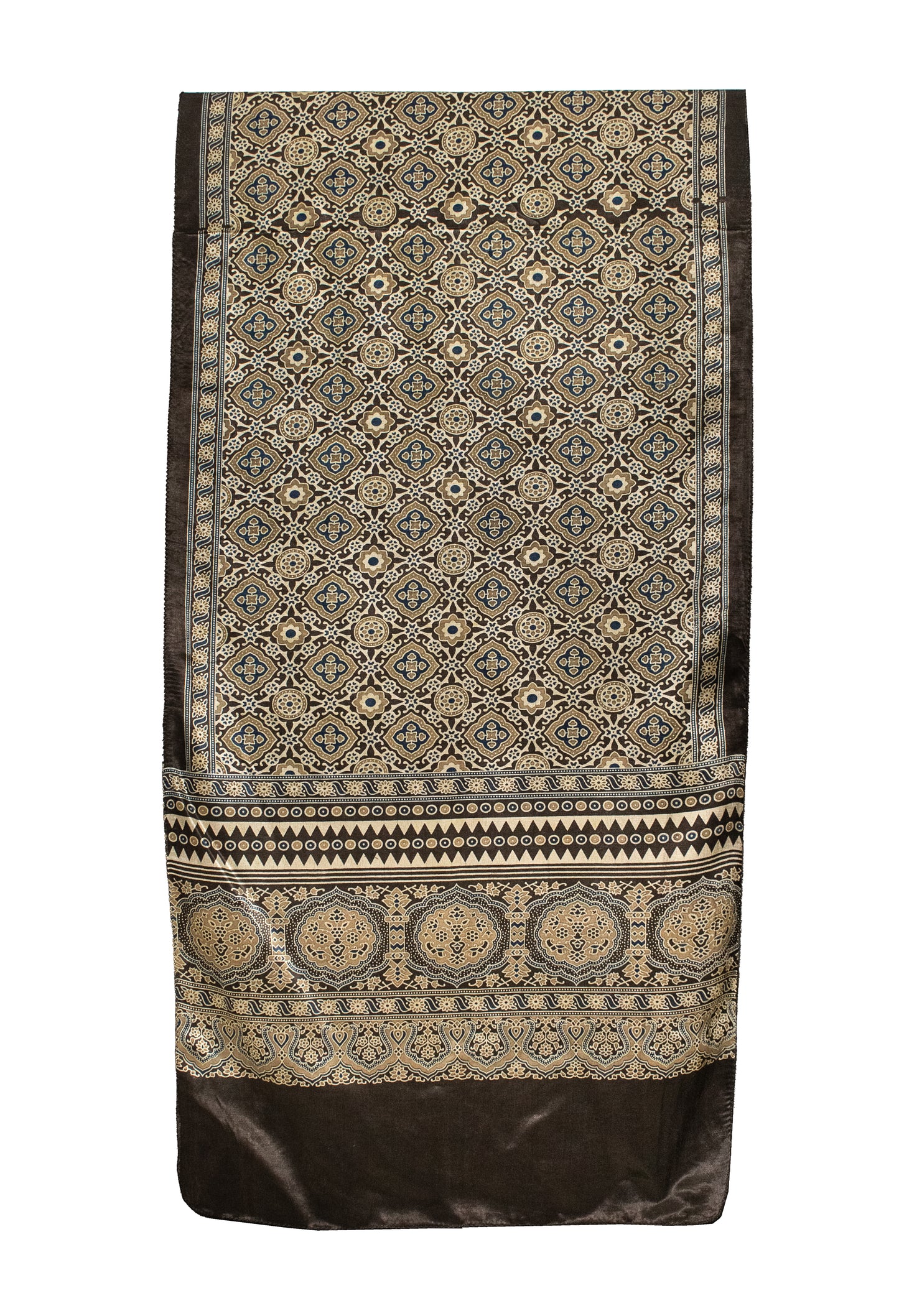 Ajrakh Mashru Silk Natural Dye Screen Print Hand Printed Stole  - 2.1 Mtr Length    -  SKU : ID22701M