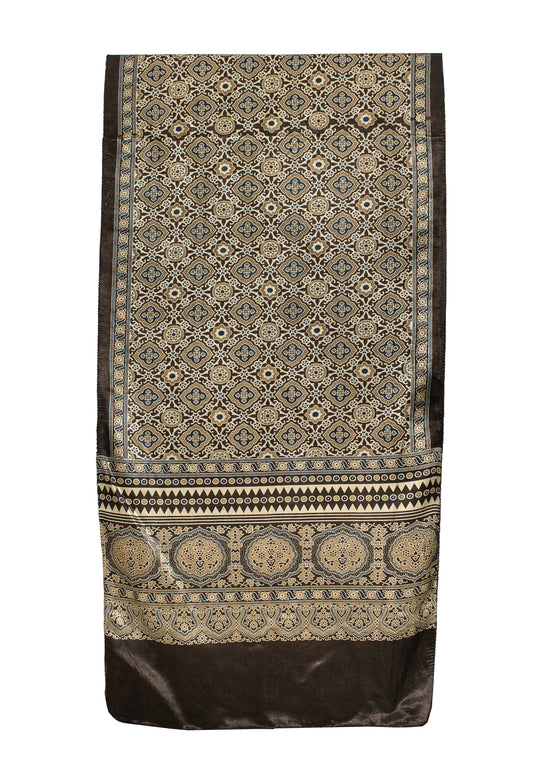 Ajrakh Mashru Silk Natural Dye Screen Print Hand Printed Stole  - 2.1 Mtr Length    -  SKU : ID22701M