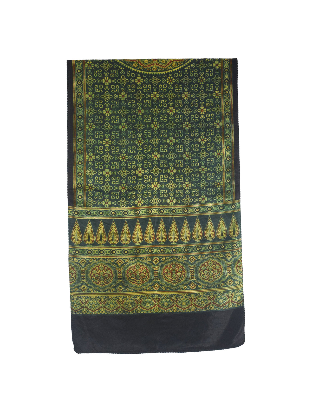 Ajrakh Mashru Silk Natural Dye Three Colour Print | 3 Kam | Screen Hand Printed Stole  - 2.1 Mtr Length   -  SKU : JH29701I